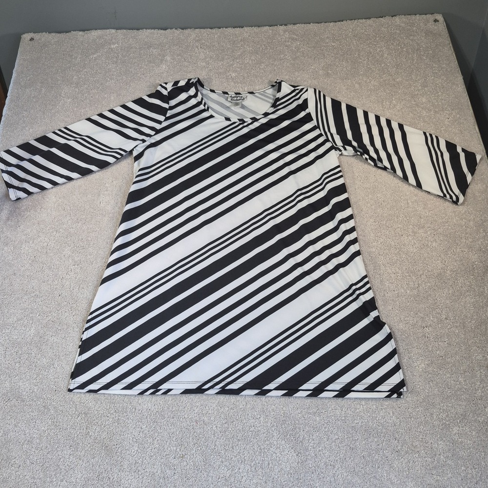 Anthony Richards Black/White Diagonal Striped Womens Large Tunic Top 3/4 Sleeve